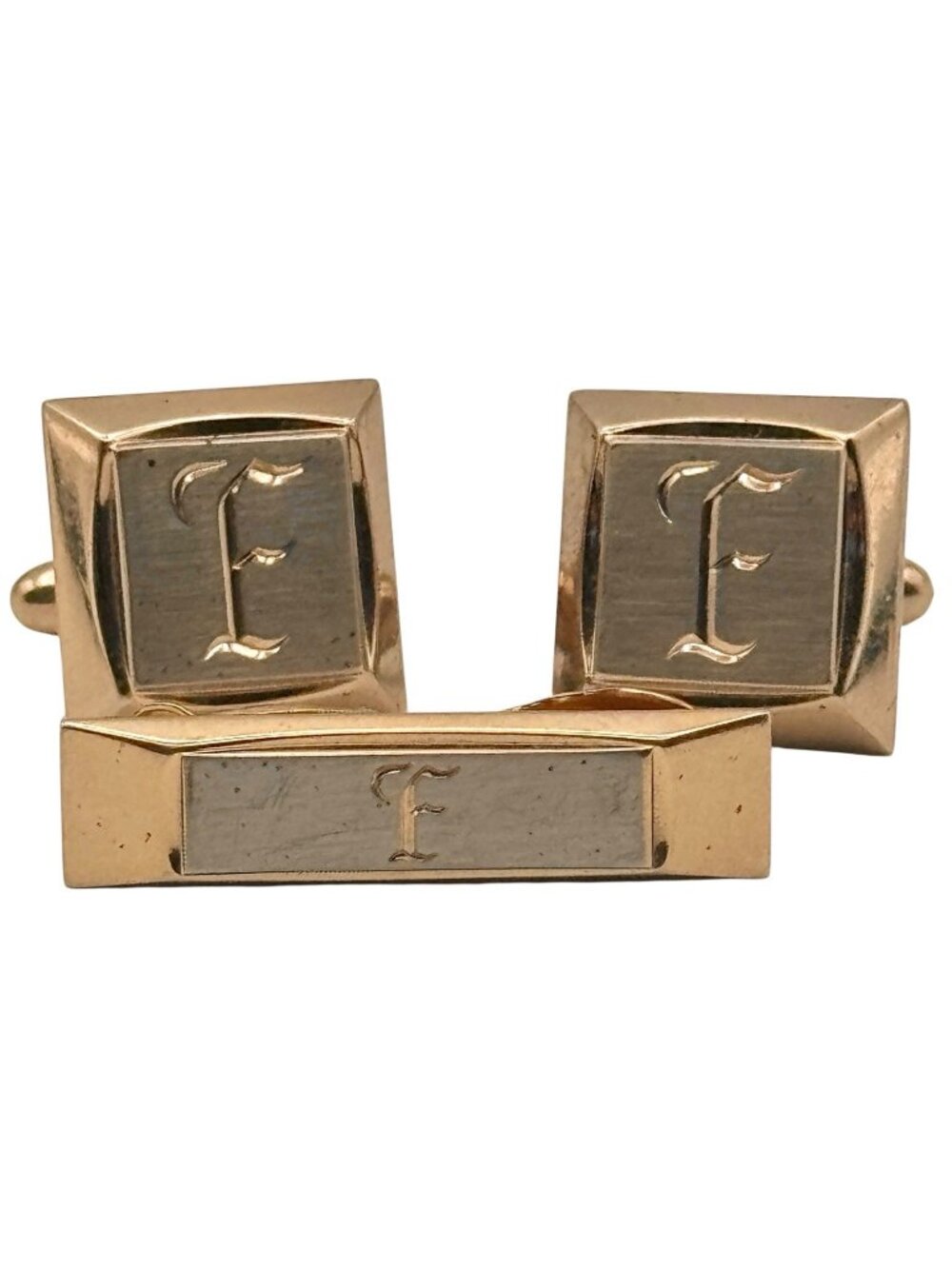 Vintage Monogram Initial F Cufflinks and Tie Clip Set Hickok USA Gold Tone